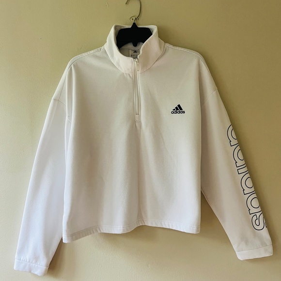 Adidas Plus Sz 2XL Women Cropped White Pullover Cozy Fleece Sweater Logo Sleeves - Picture 10 of 10